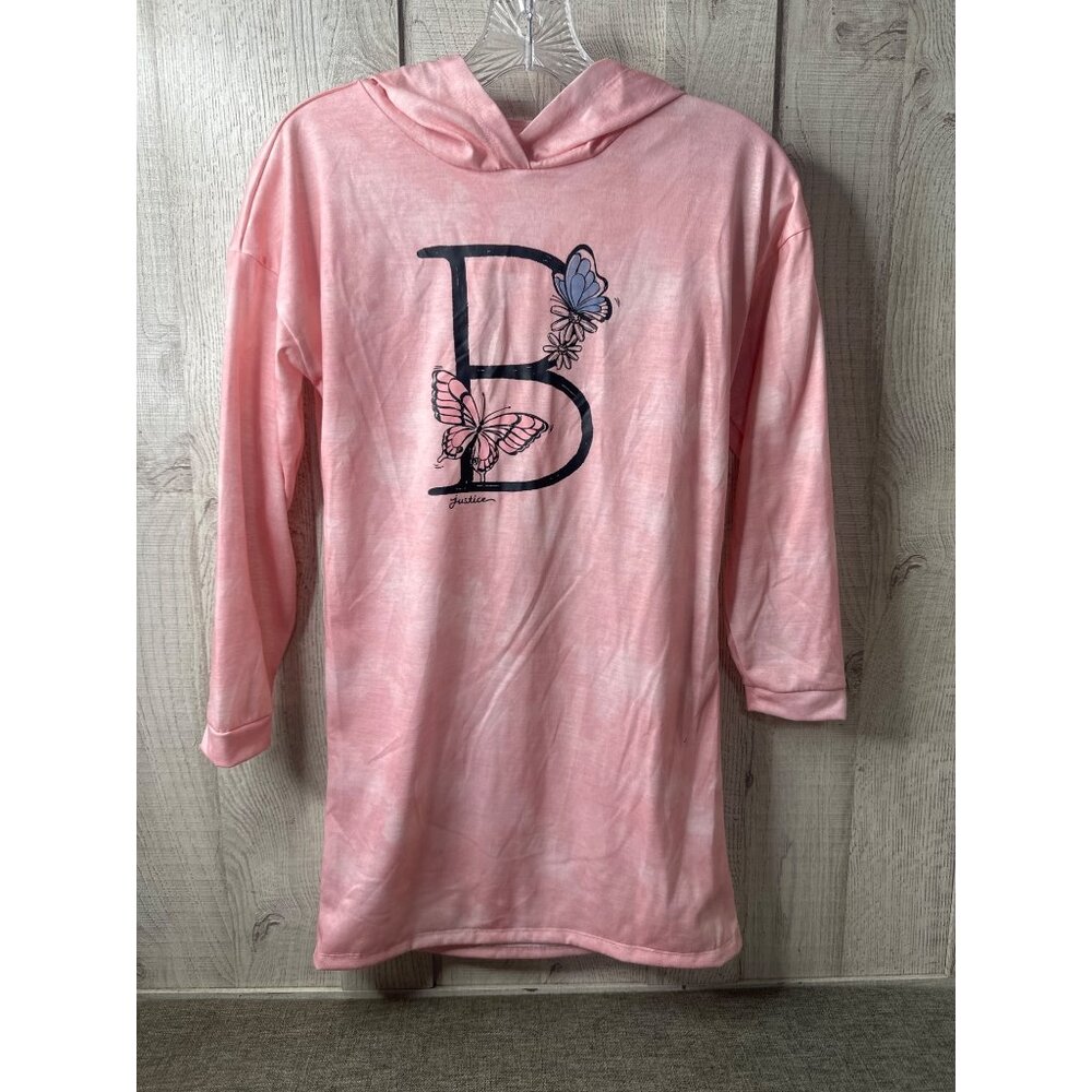 Girls Justice Pink Hooded Sleep Shirt With Butterfly Design Size 10 Initial B